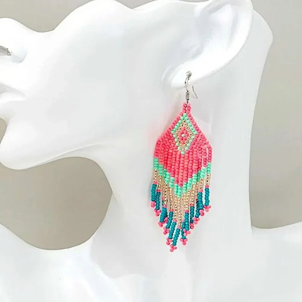 Handmade Beaded Boho Dangle Earrings Tribal Native Pink - Picture 3 of 4